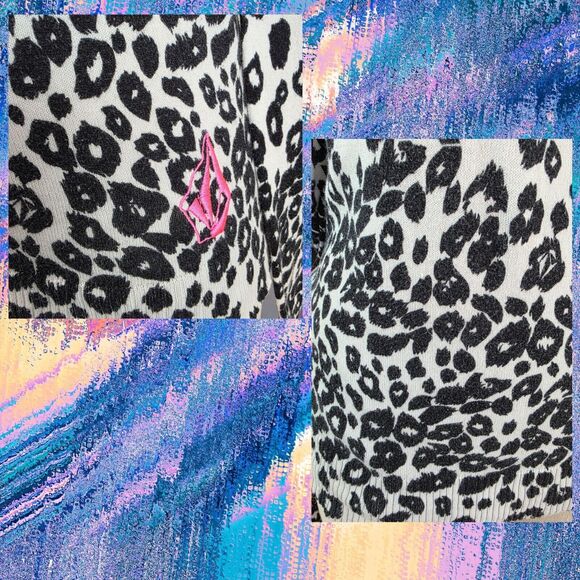 Volcom Sweater Womens Small V Neck Long Sleeve White Black Checkered Leopard - Picture 3 of 5